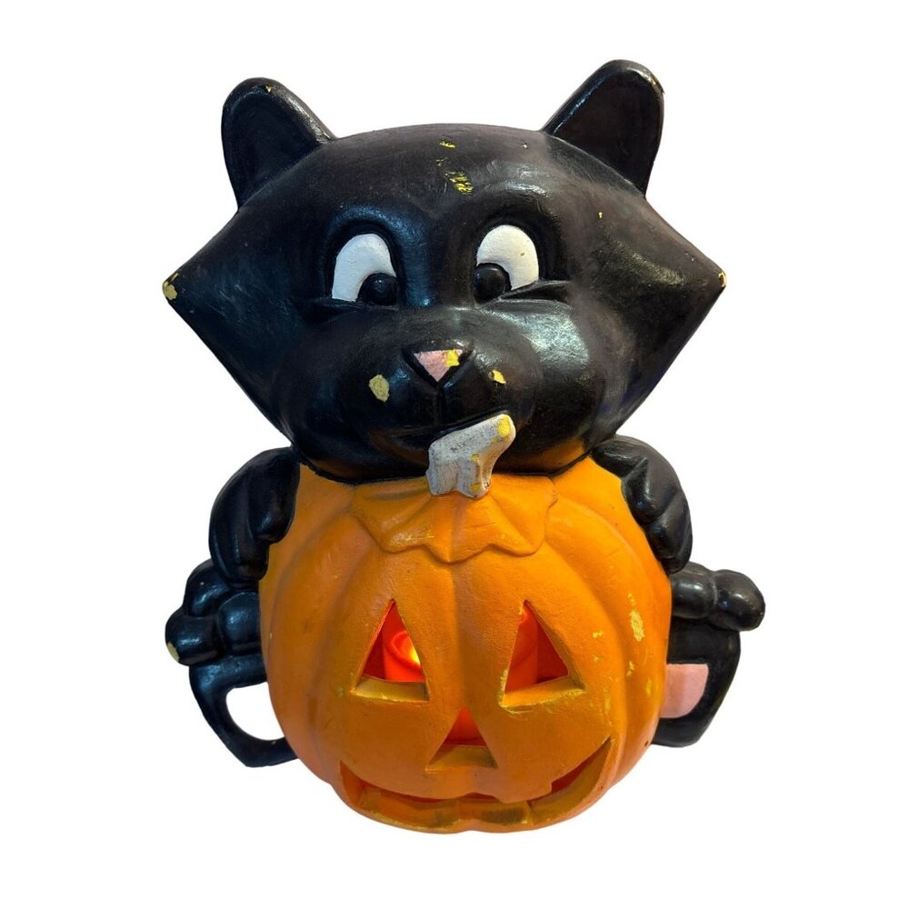 Vintage 1990's Black Cat Holding Pumpkin Halloween Light-Up Decoration